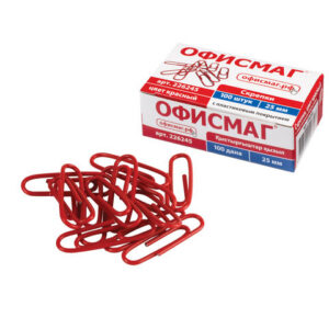 Скрепки 25 мм, ОфисМаг, 100 шт., красные, картонная упаковка