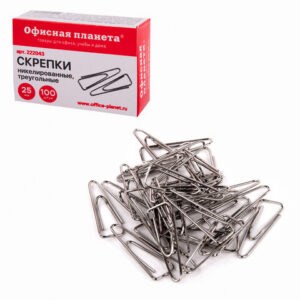 Скрепки 25 мм, Офисная планета, 100 шт., никелированные, треугольные, картонная упаковка