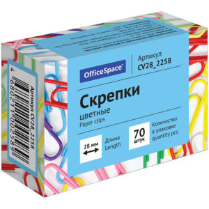 Скрепки 28 мм, OfficeSpace, 70 шт., цветные, картонная упаковка